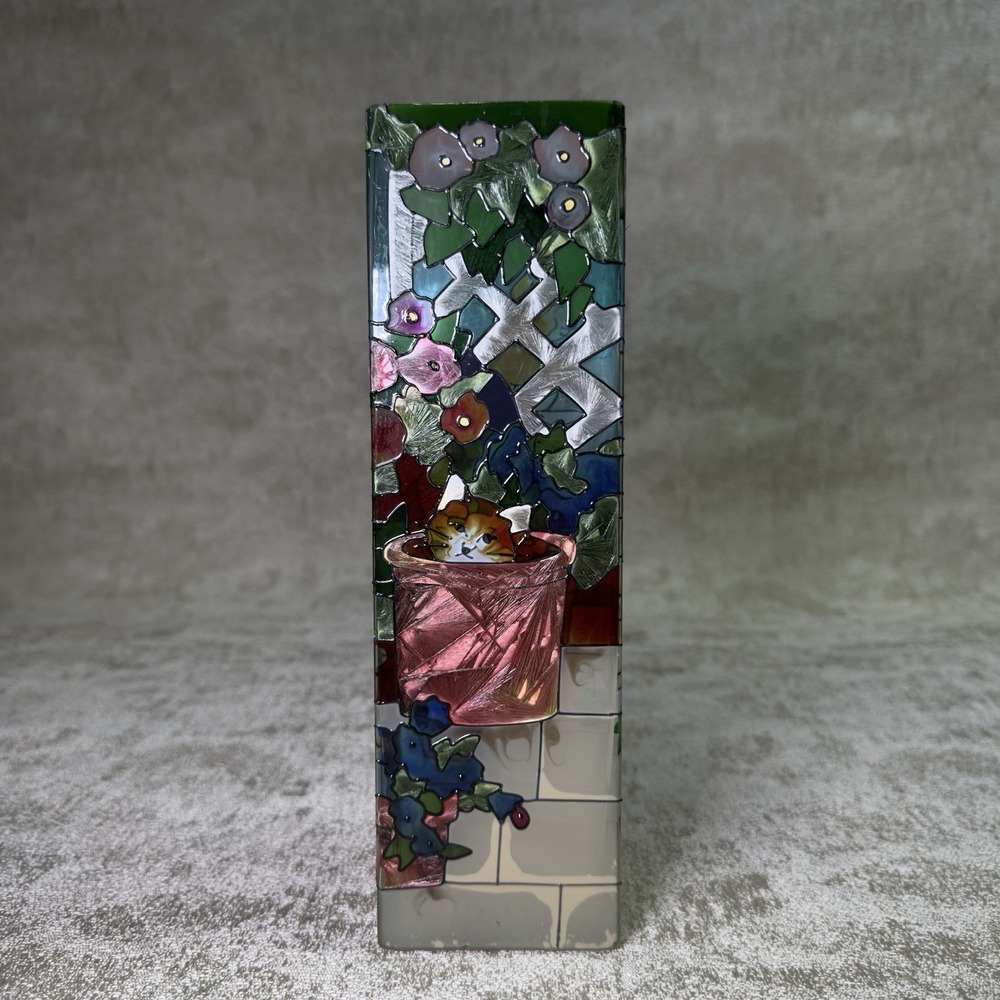 Joan Baker Designs Tiffany Style Cat Vase Hand Painted Stained Glass 10" Tall